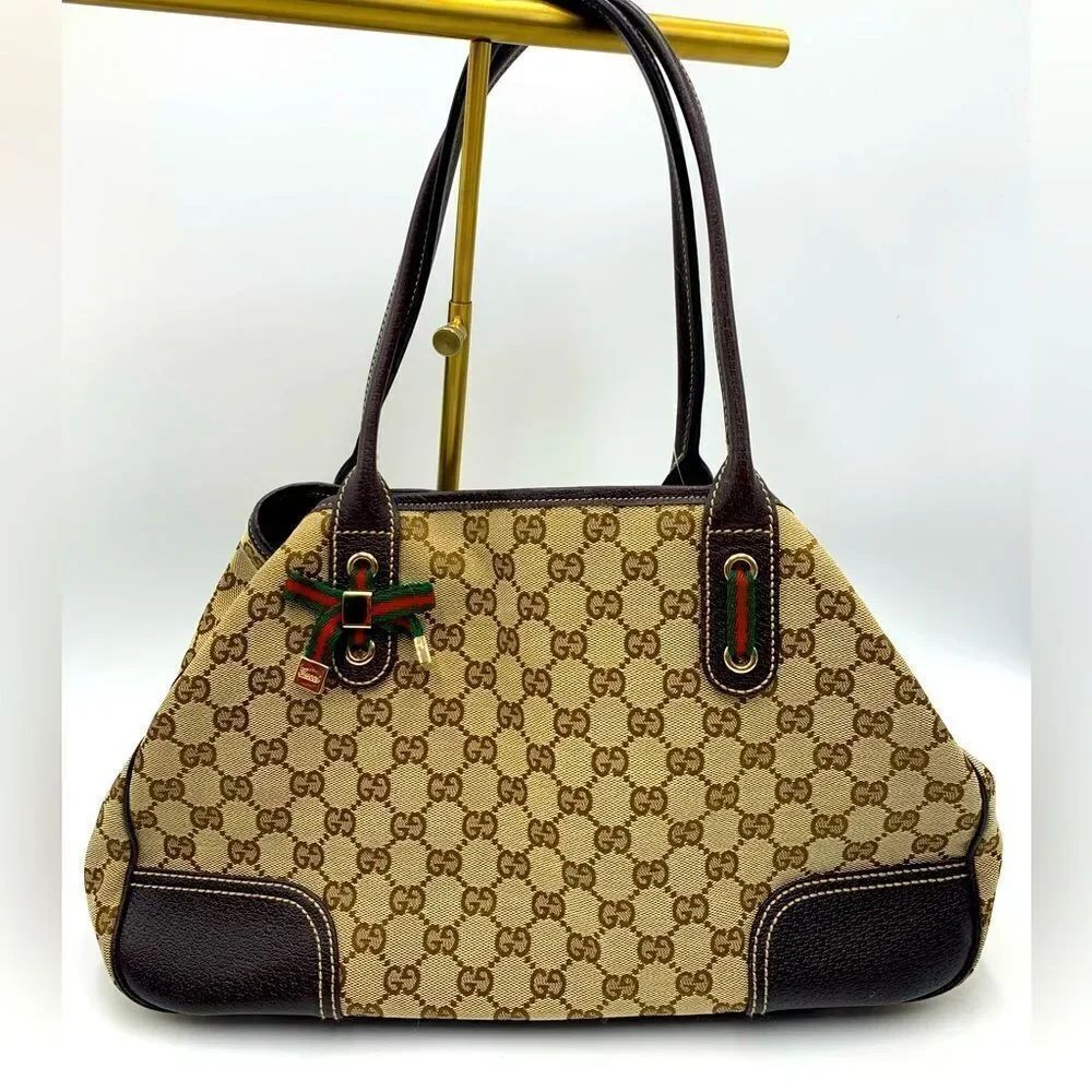 Auth GUCCI GG Monogram Tan Brown Canvas Leather Princey Shoulder 2way Handbag